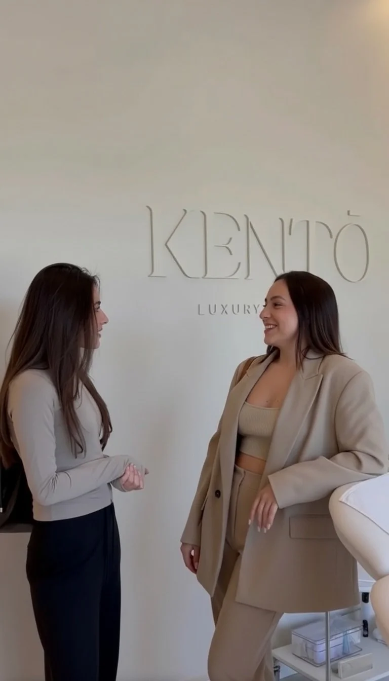 Dos mujeres conversando sonriendo en un espacio con un cartel que dice 'KENTO' en la pared.