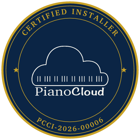 Certified Installer badge with a cloud and piano keys logo, and the text 'PianoCloud'.