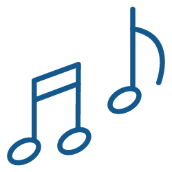 Symboles musicaux bleus : deux notes de musique et une clé de sol.