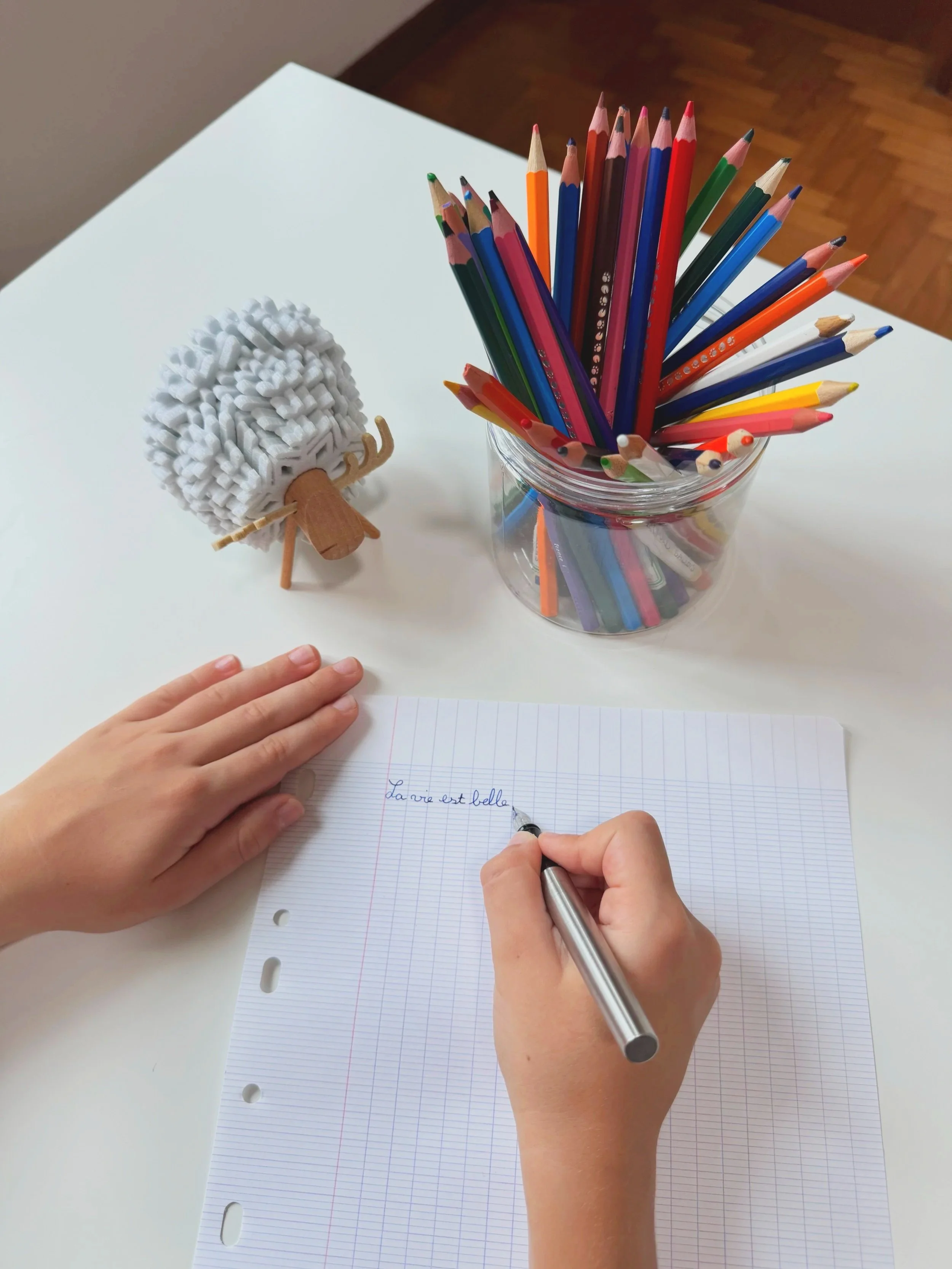 Une personne écrit sur une feuille de papier quadrillée avec un stylo bleu. Sur la table, il y a un pot rempli de crayons de couleur, une petite décoration d'une tête d'agneau en mousse et en bois.