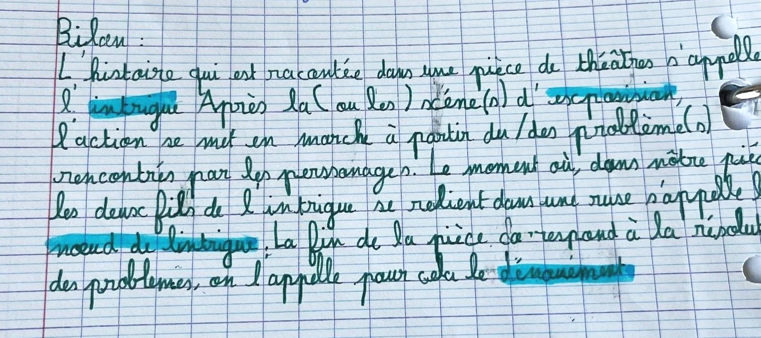 Une page de cahier avec un texte écrit à la main et certains mots surlignés en bleu.