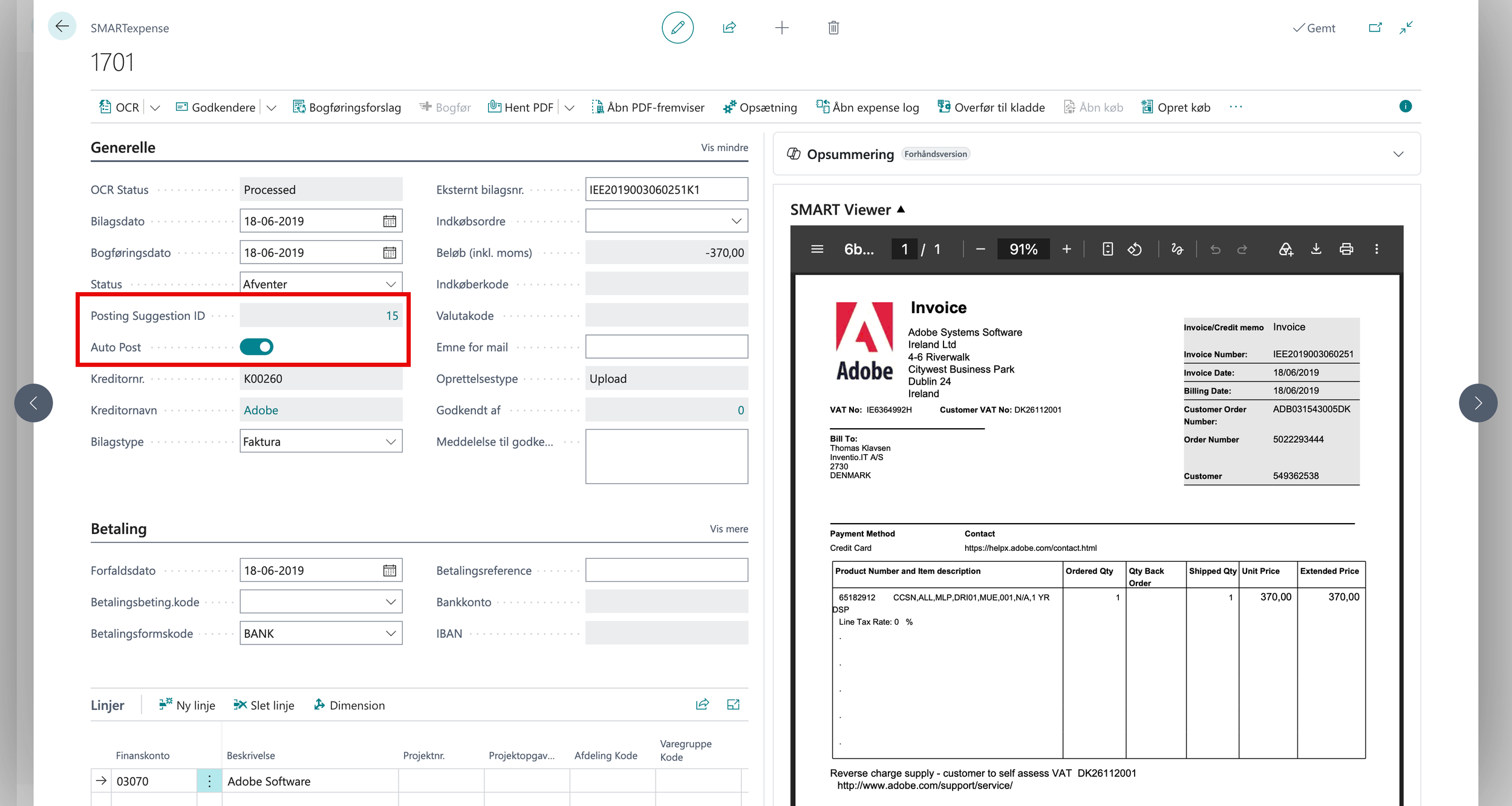 Aktivér AI baseret OCR og slip for manuel indtastning af fakturadata