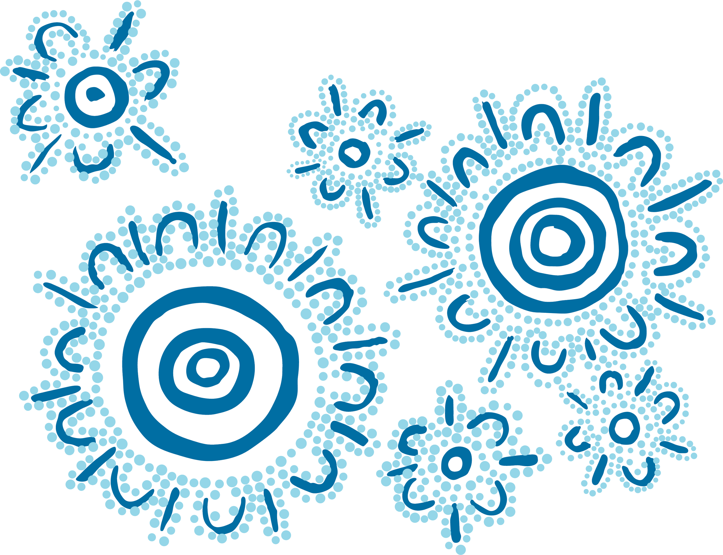 Decorative Indigenous floral pattern made of blue dots and lines on a black background.