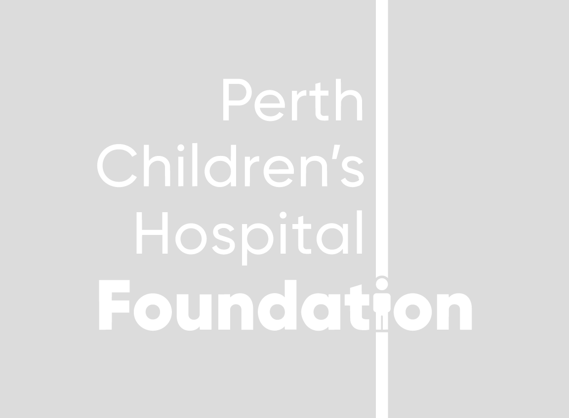 Logo of Perth Children's Hospital Foundation with black and grey text and a vertical black line