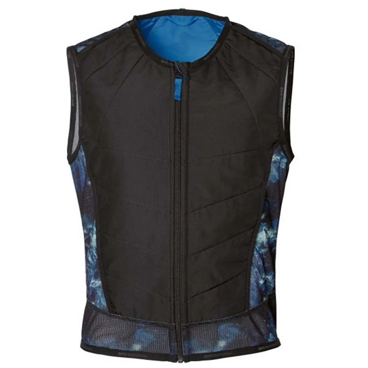 Svart neoprenväst med blå detaljer mot en vit bakgrund.