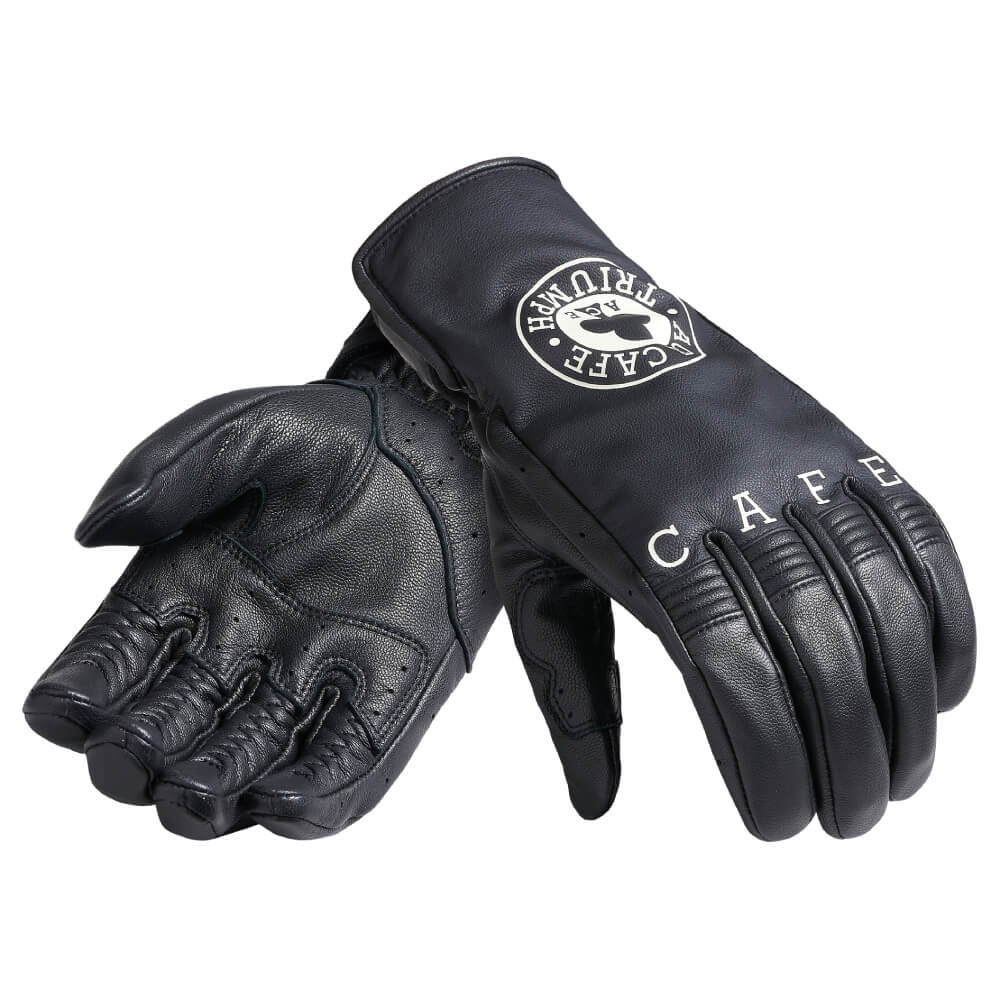 Ett par svarta skinnhandskar med logotypen "Cafe Racer" på ovansidan.