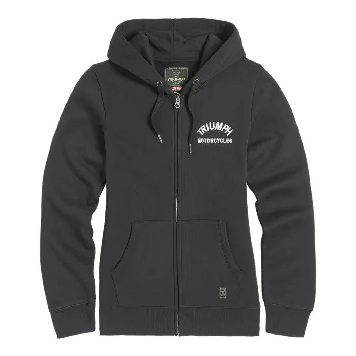 Svart hoodie med dragkedja och texten 'Triumph Motorcycles' på bröstet.