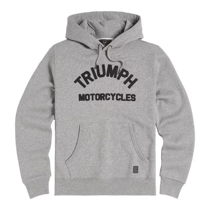 Grå huvtröja med texten 'Triumph Motorcycles' på bröstet.
