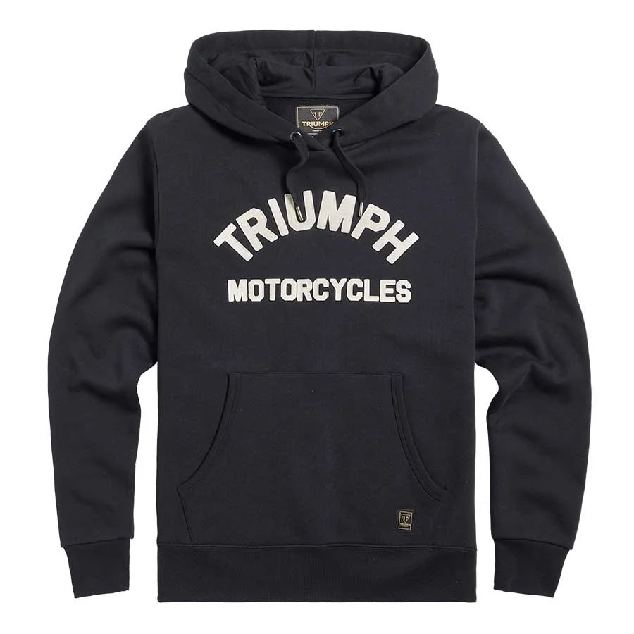 Svart huvtröja med text "Triumph Motorcycles" framtill.