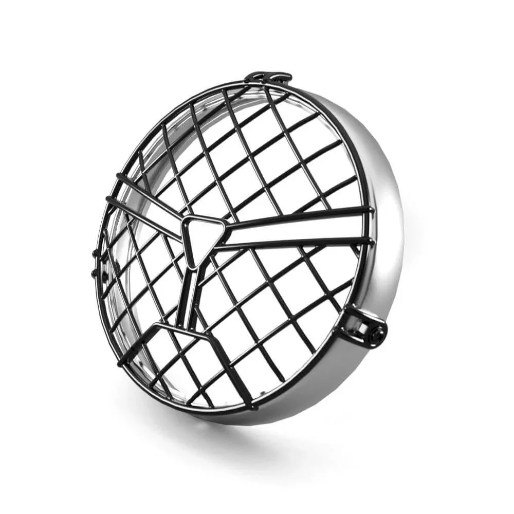Ett runt metallgaller med ett skyddande nät och en monteringsfäste på sidan. Designat för att skydda antingen lampor eller fläktsystem. Bilden visar en svart och silvrig färgkombination.