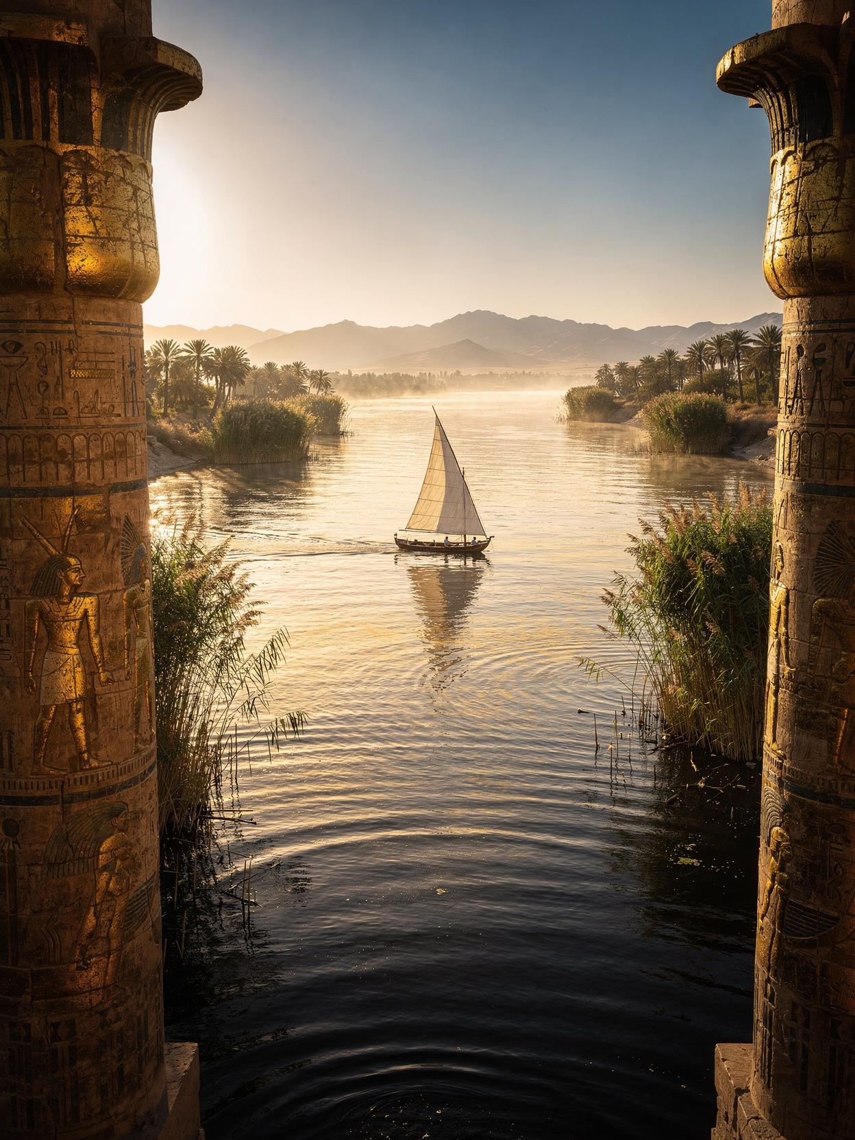 A narrow river with a small sailboat, surrounded by palm trees and mountains, viewed from an ornate, hieroglyphic-adorned stone gateway with a golden hue during sunrise or sunset.