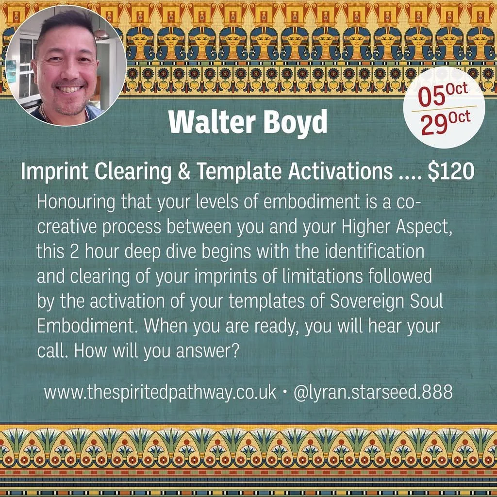 Book a session with Walter Boyd @lyran.starseed.888 
Walter will be available in Egypt until the end of October.