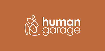 Logo for Human Garage with an abstract human figure and text on a brown background.