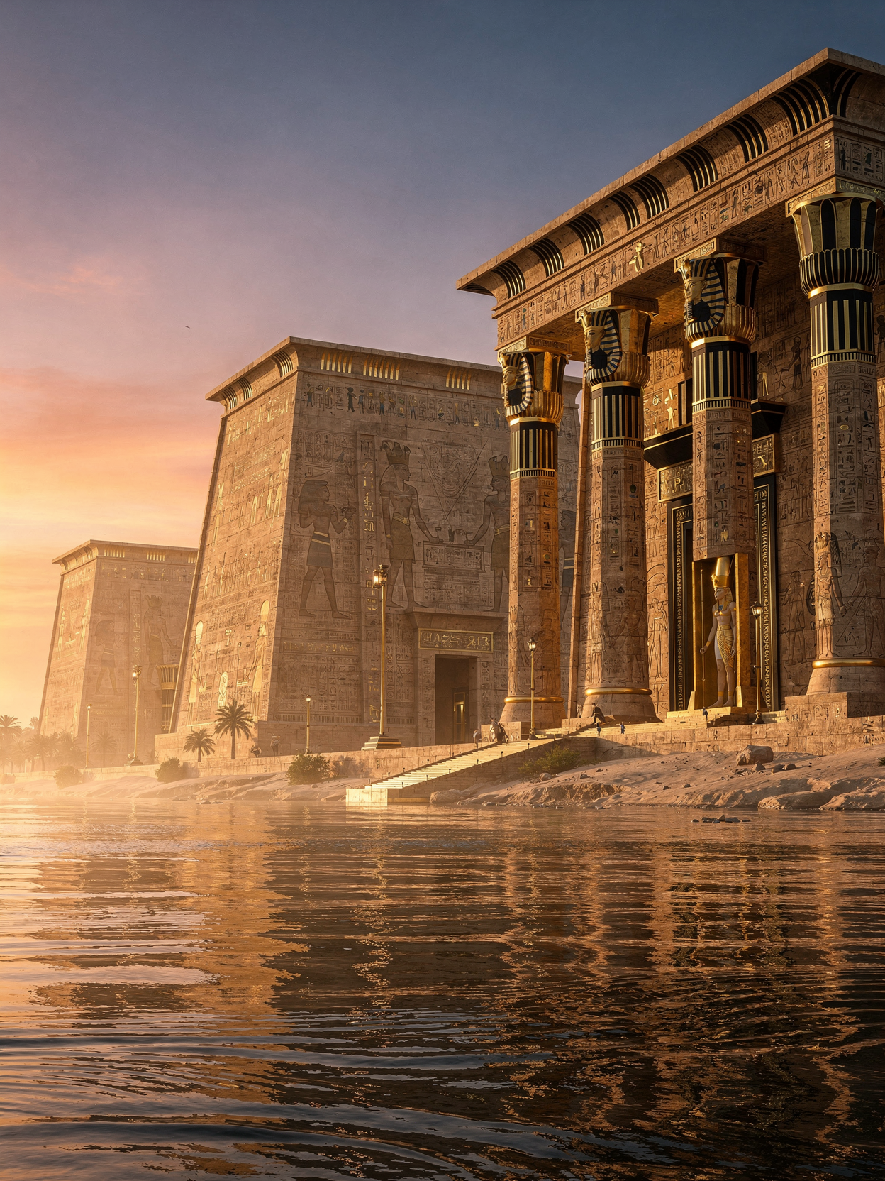 Ancient Egyptian temples with hieroglyphics and statues, reflected in the river at sunset.