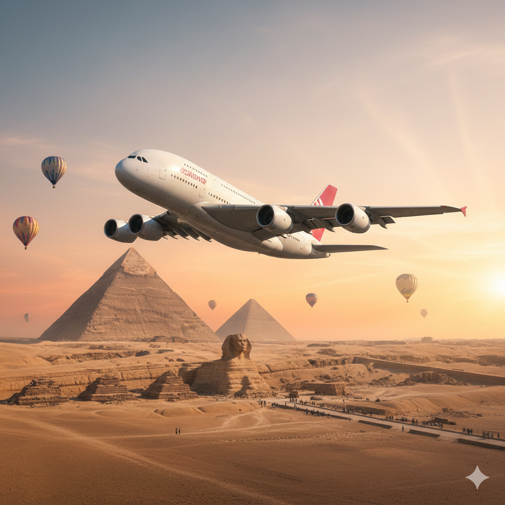 An airplane flying over the pyramids of Egypt at sunset with hot air balloons in the sky.