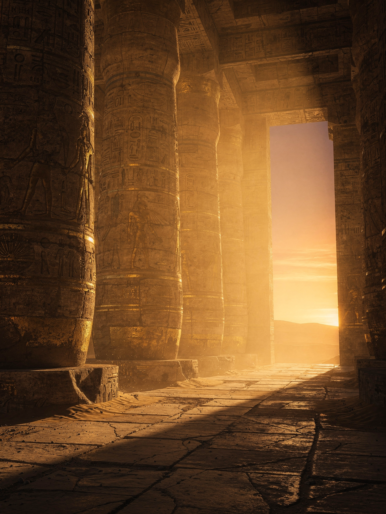 Sunset illuminating ancient Egyptian temple columns with hieroglyphics.