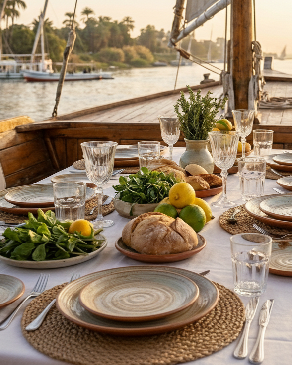 A lovely outdoor dining setup on a boat with a view of the water and sailboats, featuring a white tablecloth, glassware, plates, bread, fresh lemons and limes, a leafy salad, and a potted plant centerpiece.