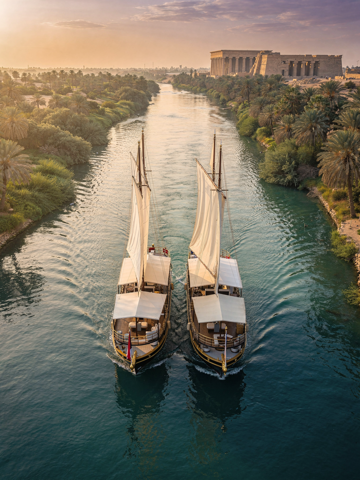 Two sailboats with white sails on a river at sunset, with lush greenery and palm trees on both sides, and an ancient Egyptian temple in the background.