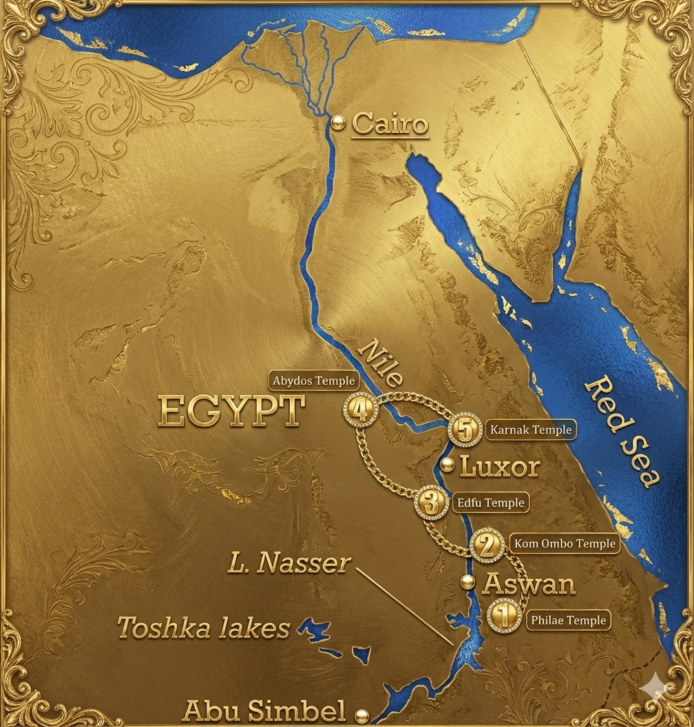 Map of Egypt showing the Nile River, Red Sea, and key archaeological sites, including Cairo, Luxor, Aswan, and major temples like Philae, Kom Ombo, Edfu, Karnak, and Abydos.