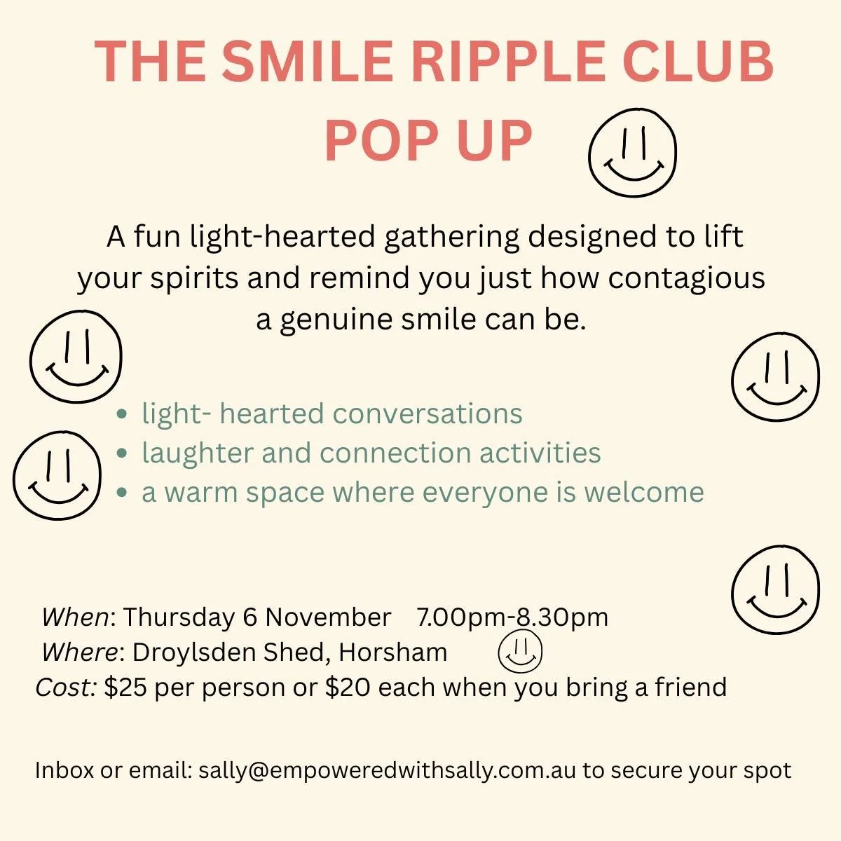 “What if one smile could change your night?”
It sounds simple , but simple is where the magic starts.
Come be part of the Smile Ripple Pop-Up and experience connection in the most unexpected way.
No scripts. No speeches. Just real people