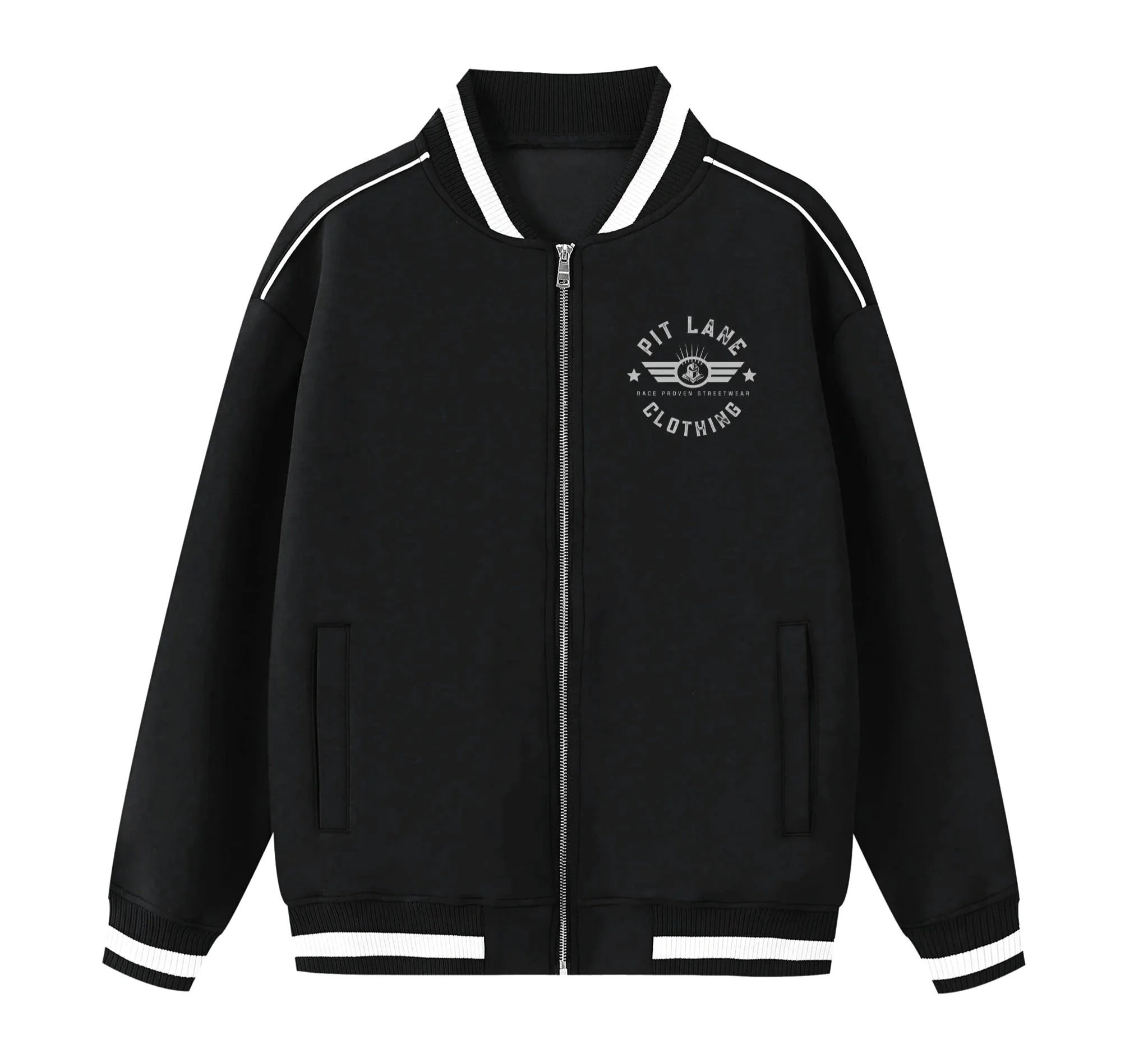 A black zip-up jacket with white stripes on the shoulders and white detailing on the cuffs and collar, featuring a logo that says 'Pit Lane Clothing' with a racing emblem.