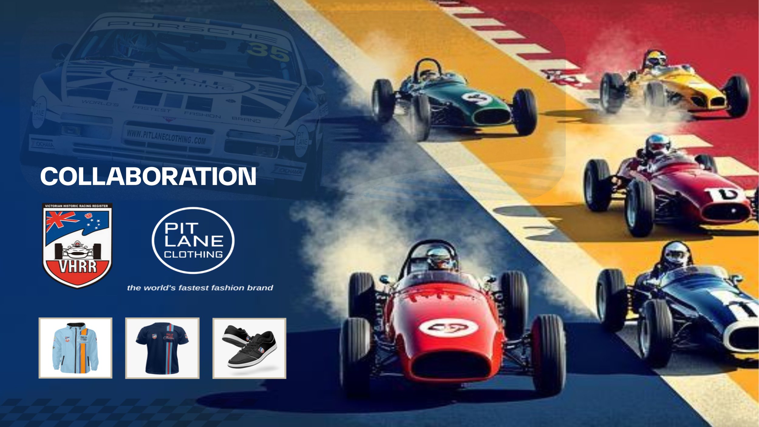 poster for collaboration between Pit Lane Clothing and the VHRR Island Classic event