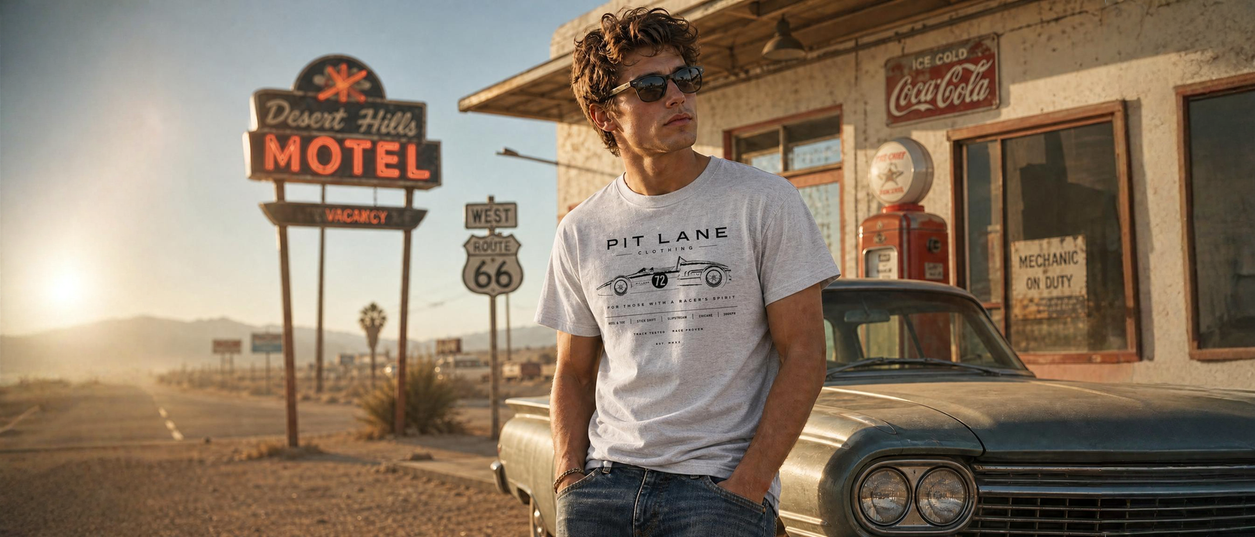 Man wearing a grey PIT LANE CLOTHING motorsport T-shirt beside a classic car on Route 66
