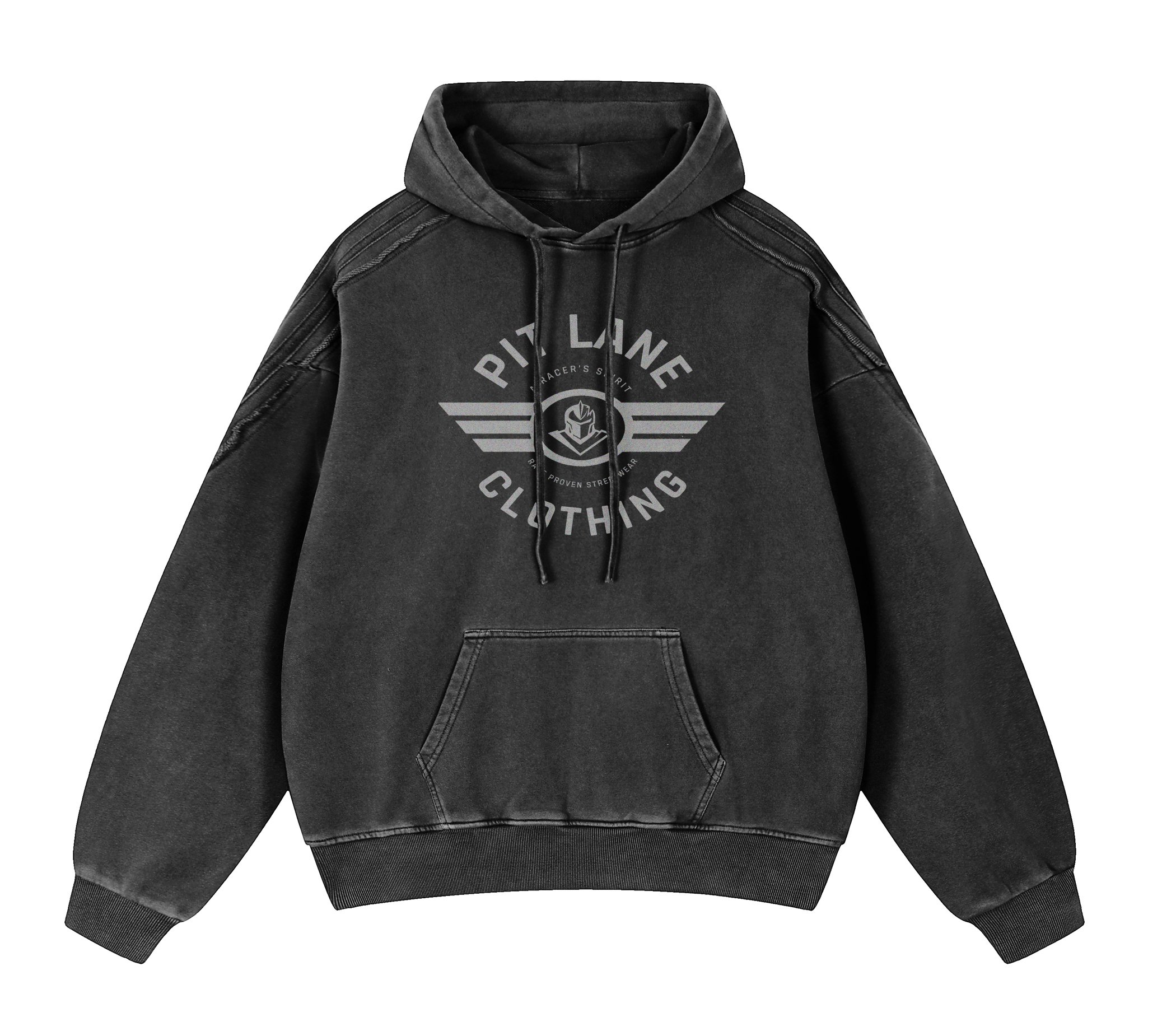 PIT LANE CLOTHING: Snow Washed Tape Raw Edge Hoodie - Black