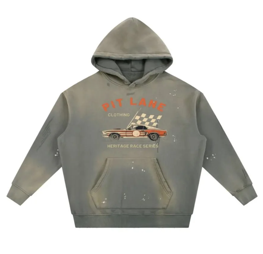 Pit Lane Clothing: Heritage Series Vintage Washed Frayed Fleece Hoodie