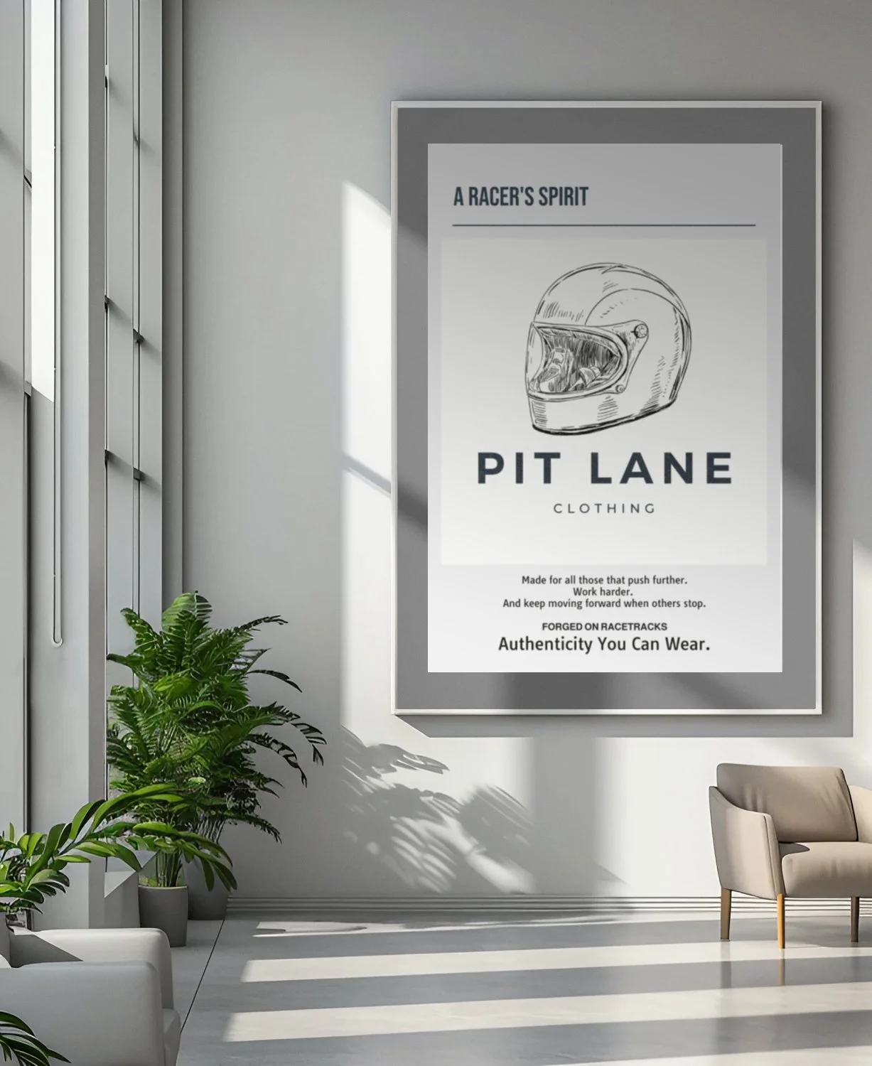 office space of fashion brand Pit Lane Clothing showing poster on wall