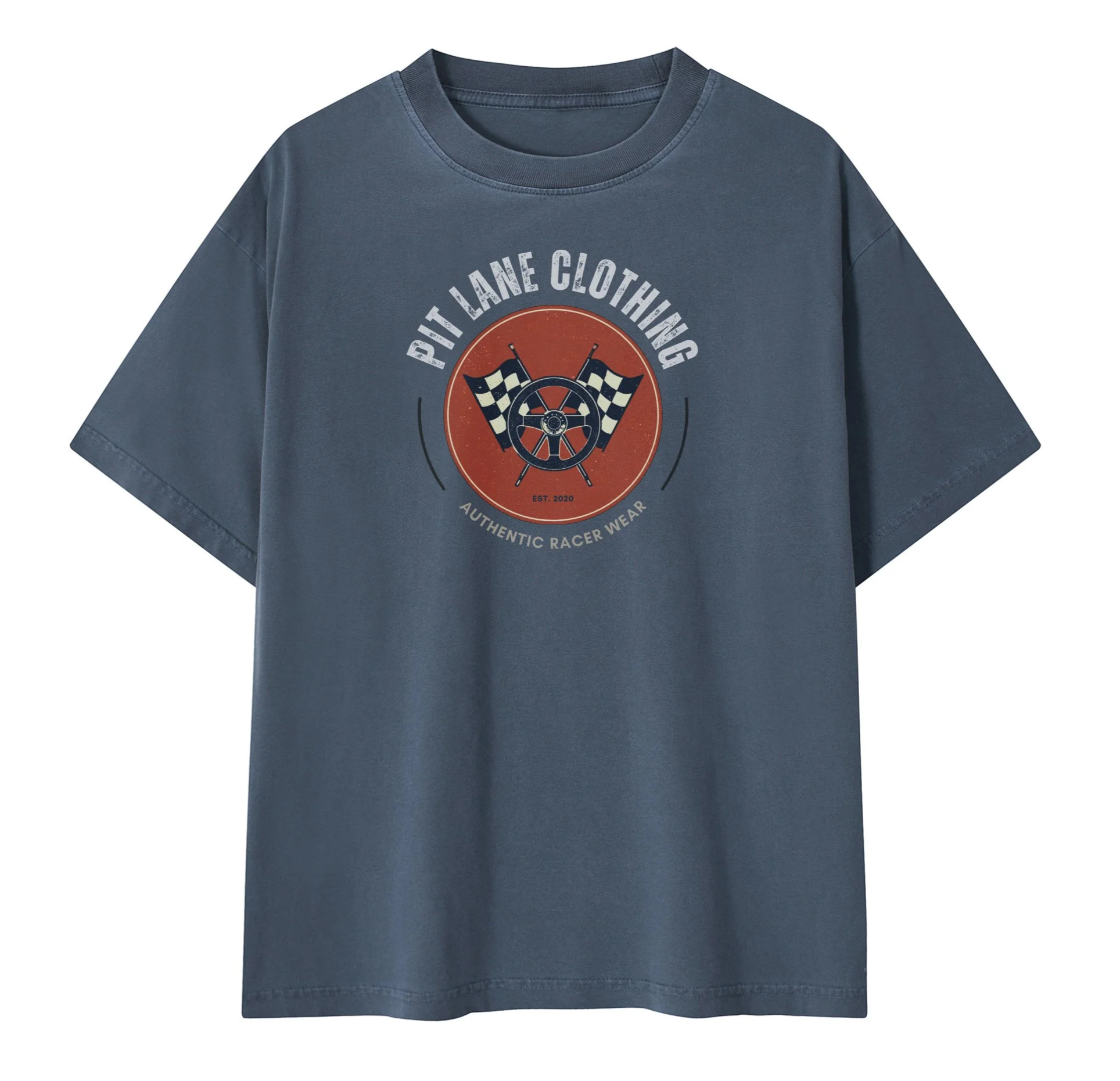 A navy blue T-shirt with a graphic design featuring a steering wheel, two checkered flags, and the text "Pit Lane Clothing" and "Authentic Racer Wear."