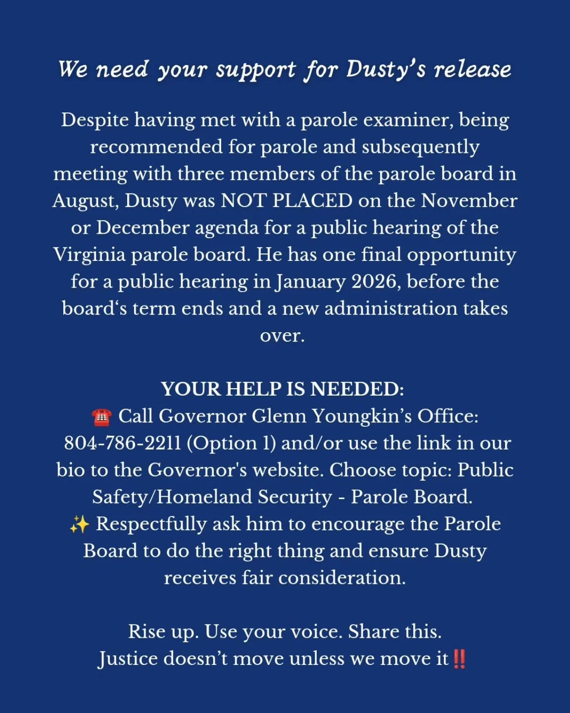 Justice delayed is justice denied. Dusty has one chance left. 

Call. Share. Speak up.

#freedustyturner #justicematters #publicoutrage
