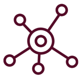 A stylized network or molecular diagram with a central circle connected to five surrounding circles by lines.