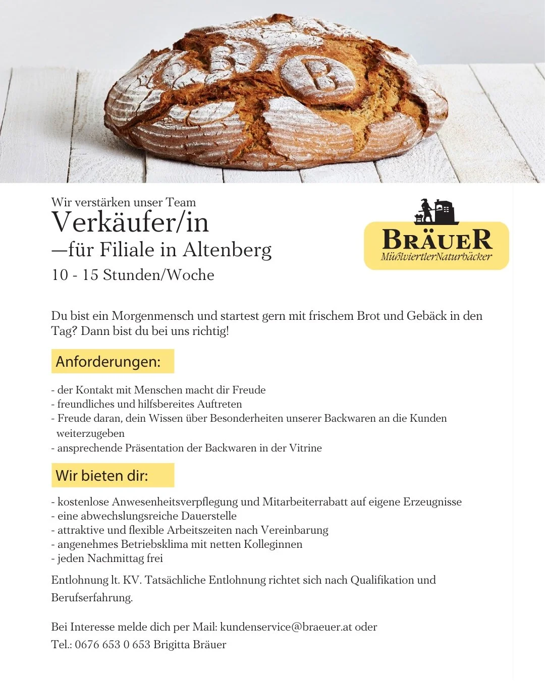 🍞Wir suchen Verst&auml;rkung! 🥐F&uuml;r unsere B&auml;ckereifiliale in Altenberg suchen wir ab sofort eine/n Verk&auml;ufer/in auf Teilzeitbasis! Bei Intersse melde dich - wir freuen uns auf dich🌞

#B&auml;ckereiBr&auml;uer #m&uuml;hlviertlernatur