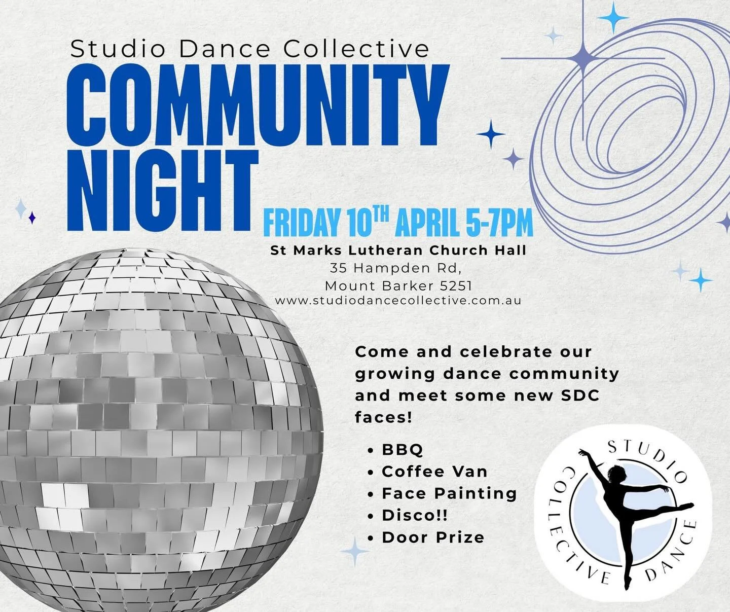 Looking for a way to celebrate the end of term 1?? 

This is it!

Everyone is invited to our SDC community night. We hope everyone can come! ⭐️❤️⭐️

#mountbarker #adelaidehills #dance #communitynight #bbq