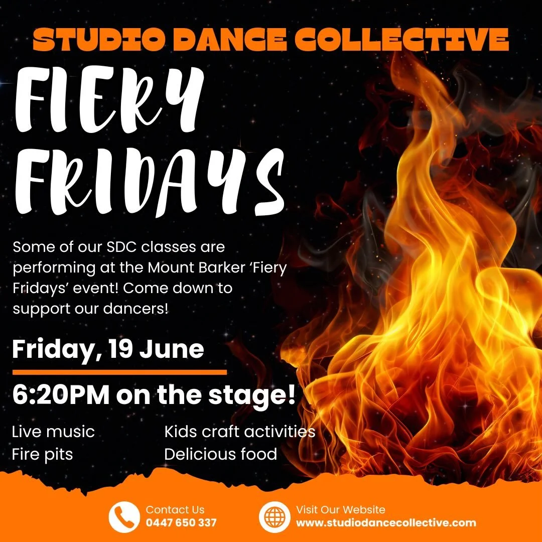 Will we be seeing you? 

Some of our SDC teams will be performing in the @mtbarkerdc Fiery Fridays event - make sure you get down to see us! 🔥🔥🔥

#mountbarker #adelaidehills #dance #fieryfridays #performance