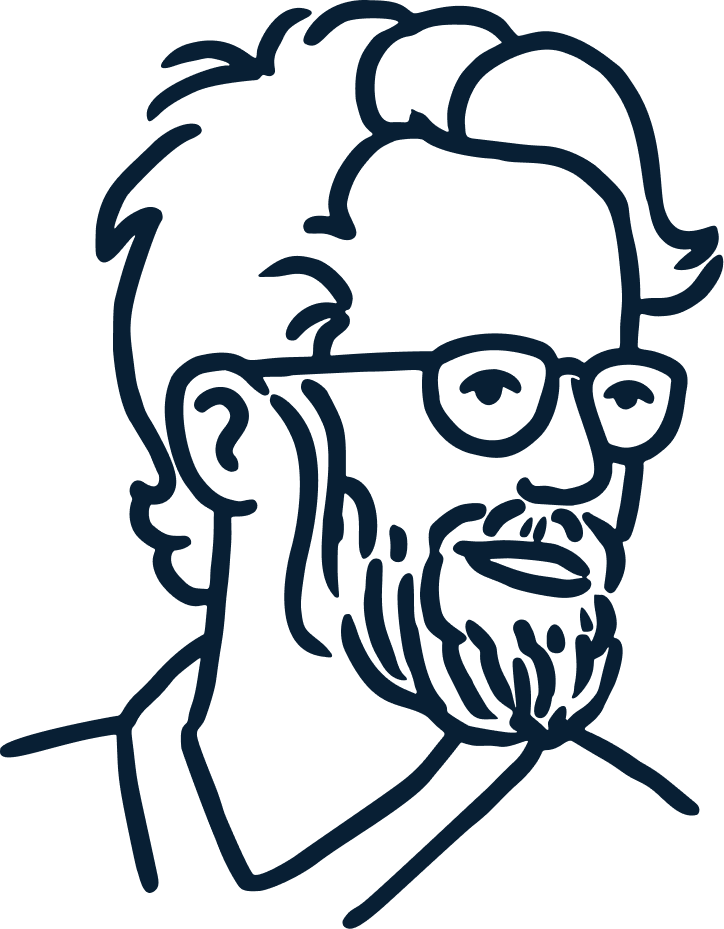 Ritratto stilizzato di un uomo con barba, occhiali e capelli corti, linea semplice e minimalista.