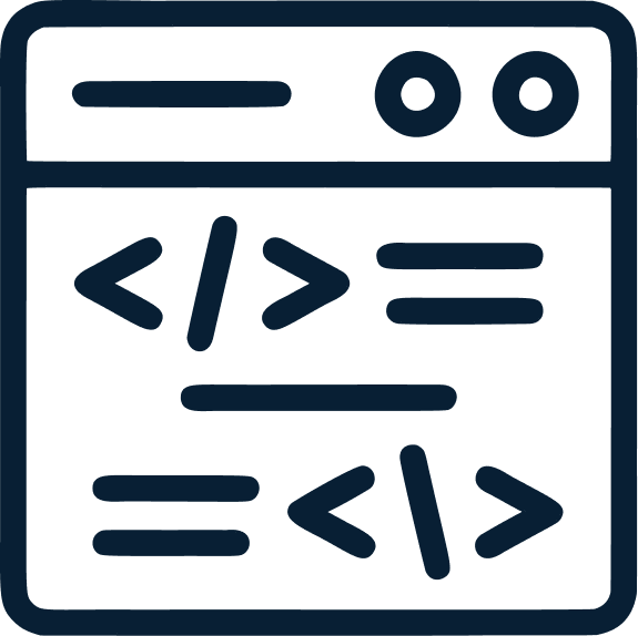 Icona stilizzata di una finestra di codice con simboli di programmazione come <, >, /, =, rappresentata in un design lineare semplice.