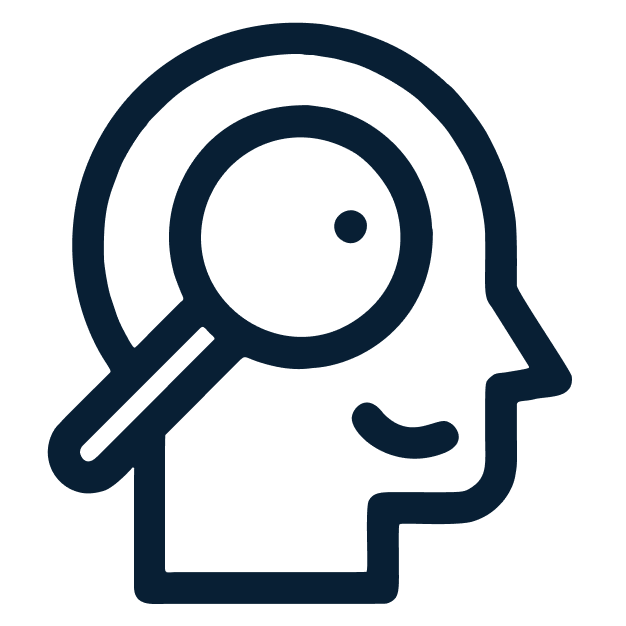 Icona stilizzata di una testa umana con una lente di ingrandimento e un occhio al centro, che rappresenta il concetto di analisi o ricerca visiva.