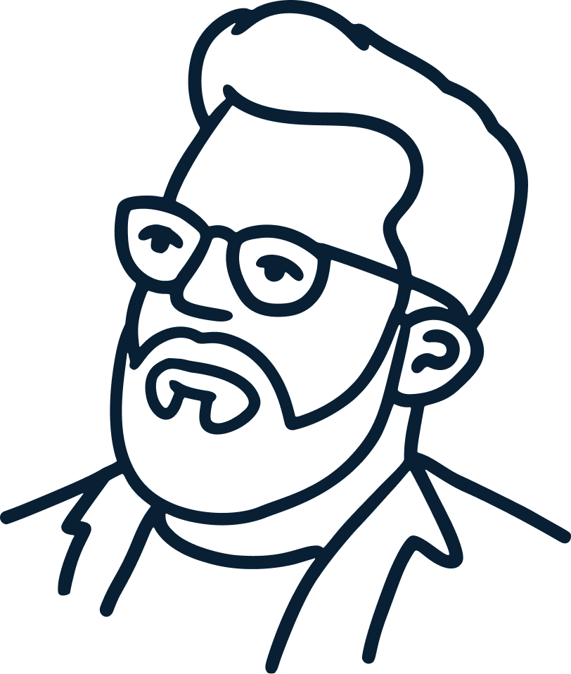 Ritratto stilizzato di un uomo con barba, occhiali e capelli corti, raffigurato con linee blu su sfondo nero.