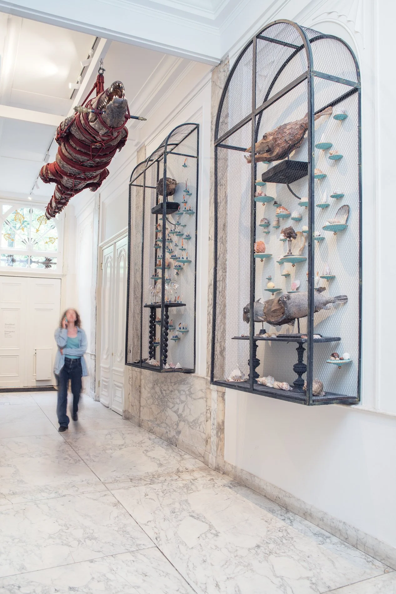 A huge 5 meter Nile Crocodile hangs in the marble hallway of Art Zoo Museum. Photo: © Tim Mintiens