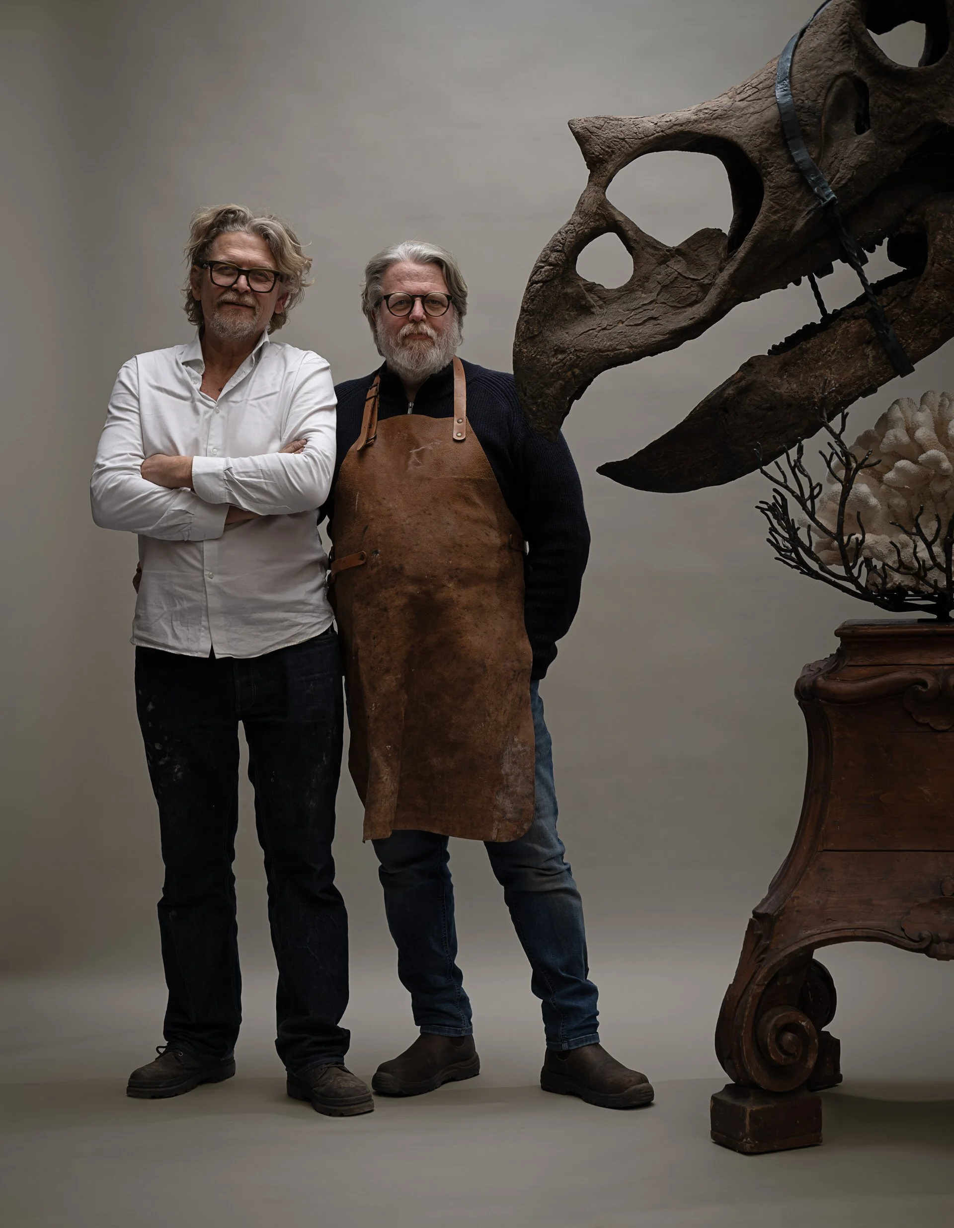 Ferry van Tongeren & Jaap Sinke next to their own artwork of a triceratops. Photo: © Tim Mintiens