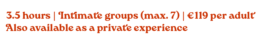 Text advertisement for 3.5 hours intimate group experience, max 7 people, €119 per adult, also available as a private experience.