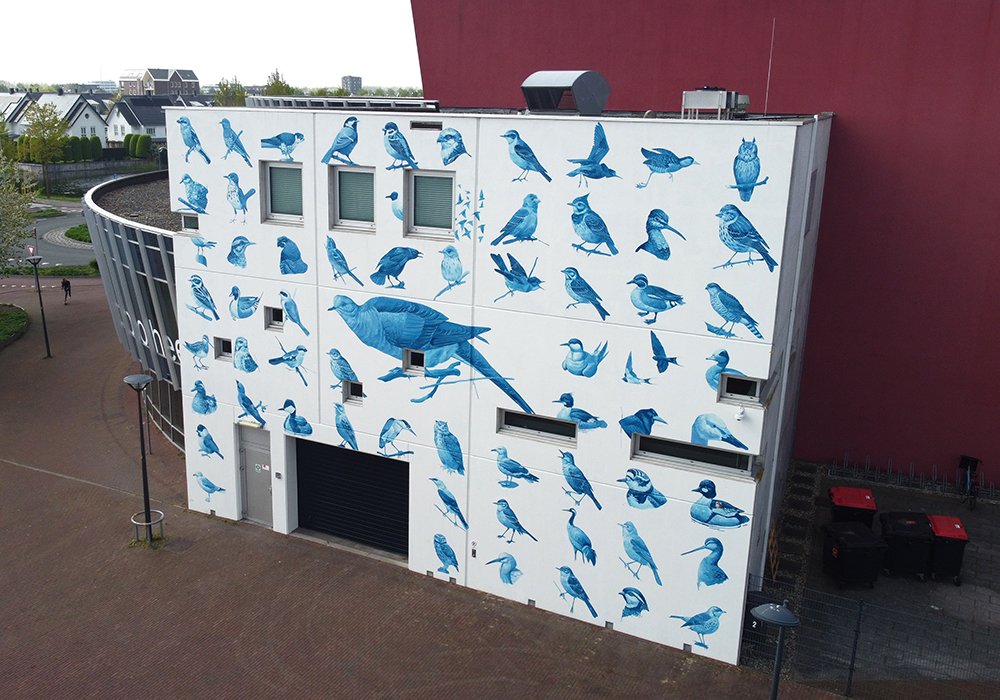 Gavlmeleri med fugle af street art kunstner og graffitimaler