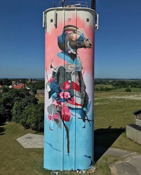 Silo udsmykning af Joram street art kunstner. Kunst i byrummet