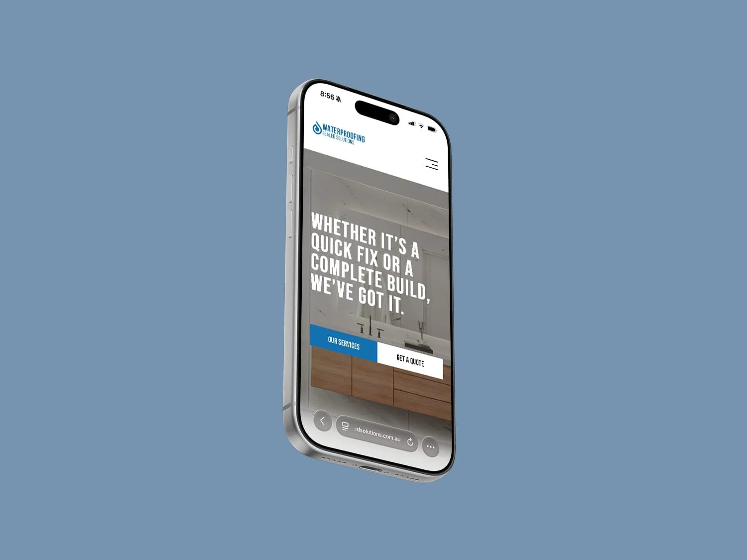 Floating iPhone mockup featuring the homepage of a waterproofing tradie website designed to convert visitors into enquiries.