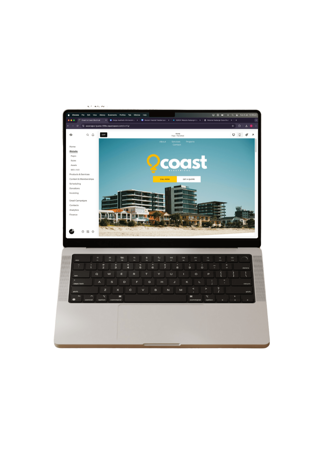 Website wireframe displayed on a laptop for a commercial electrical contractor