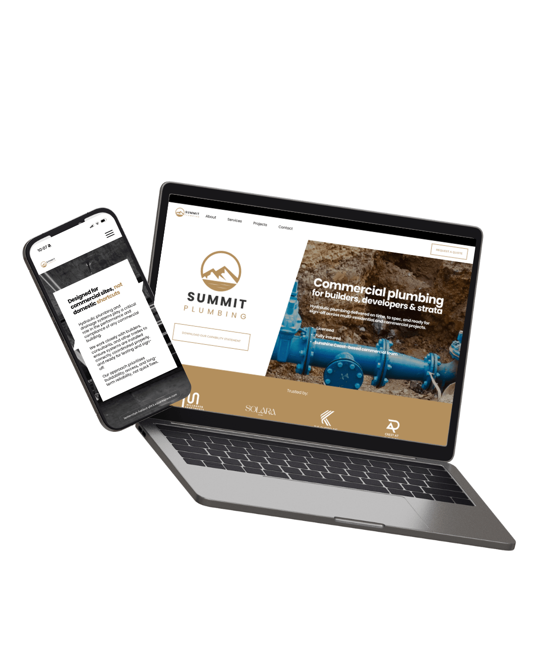 Laptop and mobile mockup of a commercial plumbing business website