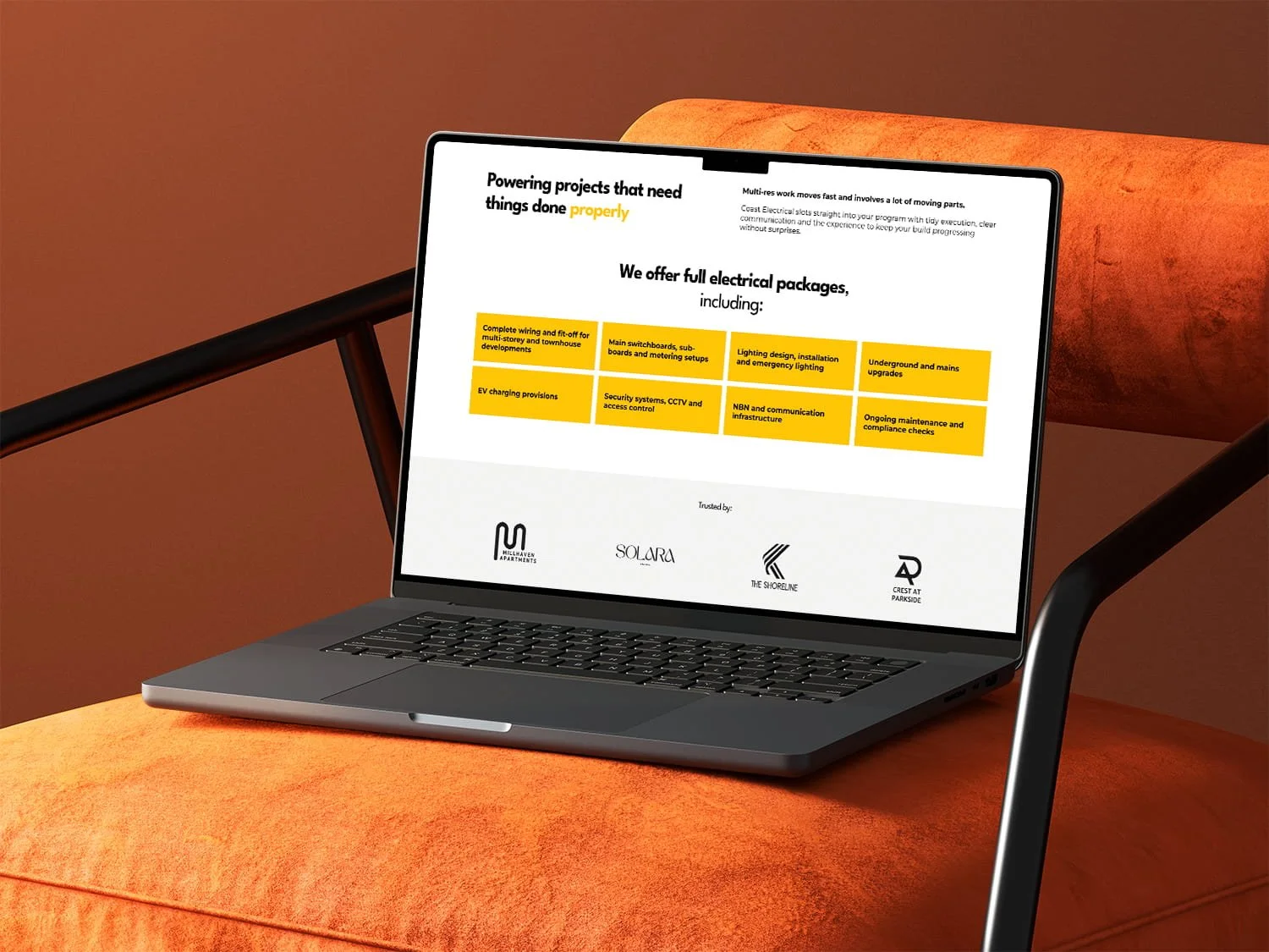 Laptop mockup displaying the projects page of an electrician website built to showcase completed sparky jobs and installations.