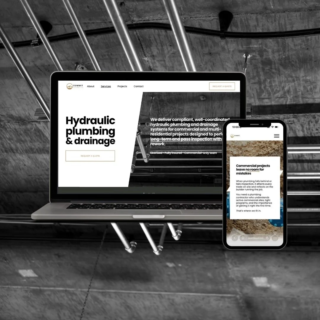 Commercial plumbing website design displayed on laptop and mobile mockups